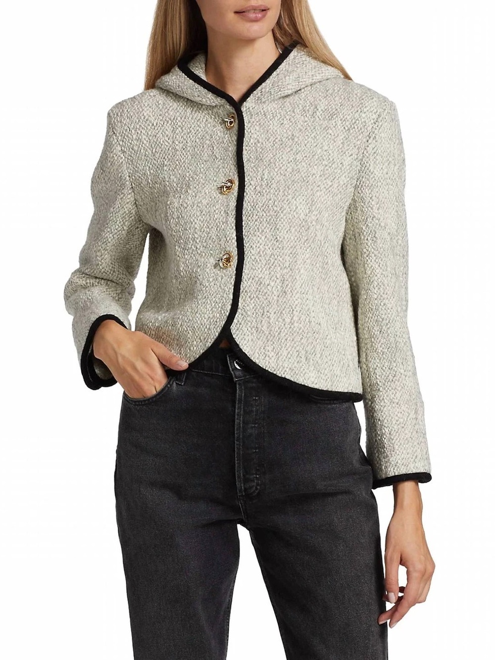 BA&SH Hooded Bouclé Jacket with Black Trim